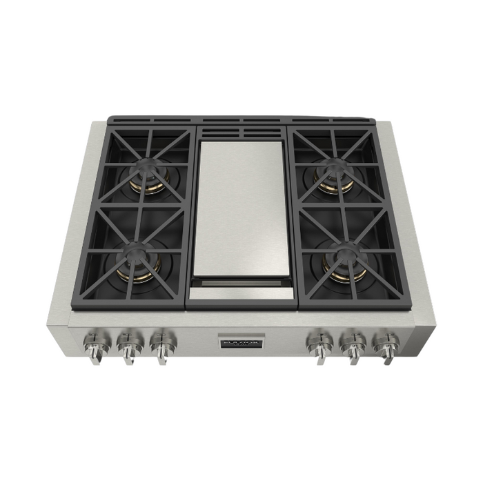Fulgor Milano 36-Inch Pro Built-In Gas Rangetop, 600 Series, 4 Crescendo Dual Ring Brass Burners, Trilaminate Gas Griddle