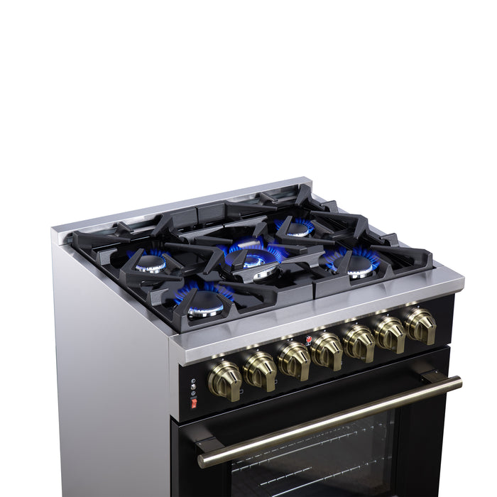 Forno Massimo 30 Inch Freestanding Dual Fuel Range in Black with Antique Brass Accessories, 4 Burners, 4.32 cu. ft. Convection Oven