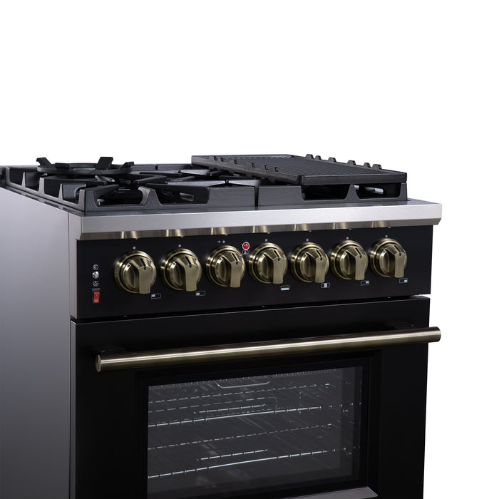 Forno Massimo 30 Inch Freestanding Dual Fuel Range in Black with Antique Brass Accessories, 4 Burners, 4.32 cu. ft. Convection Oven