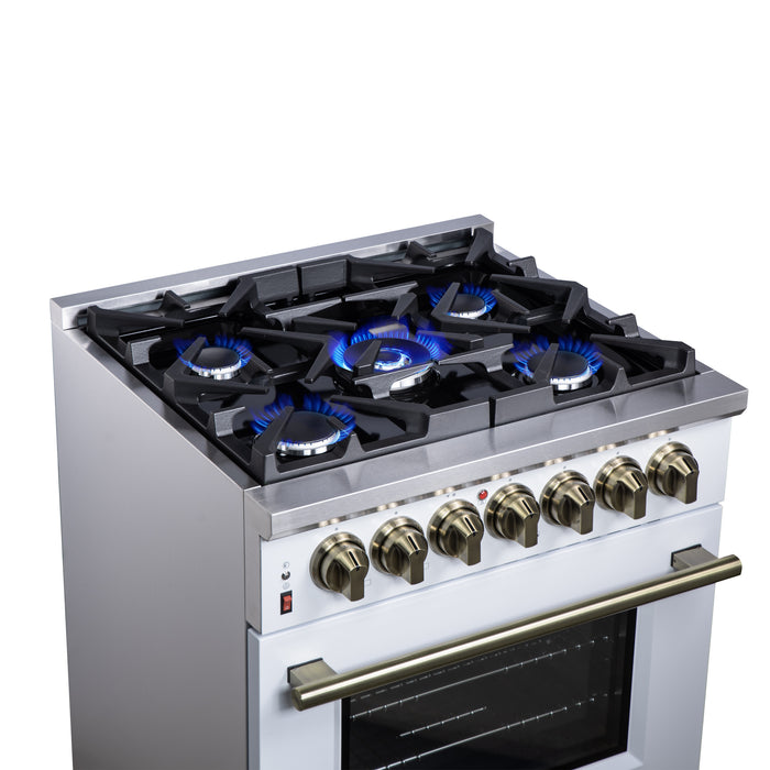 Forno Massimo 30 Inch Freestanding Dual Fuel Range in White with Antique Brass Accessories, 4 Burners, 4.32 cu. ft. Convection Oven