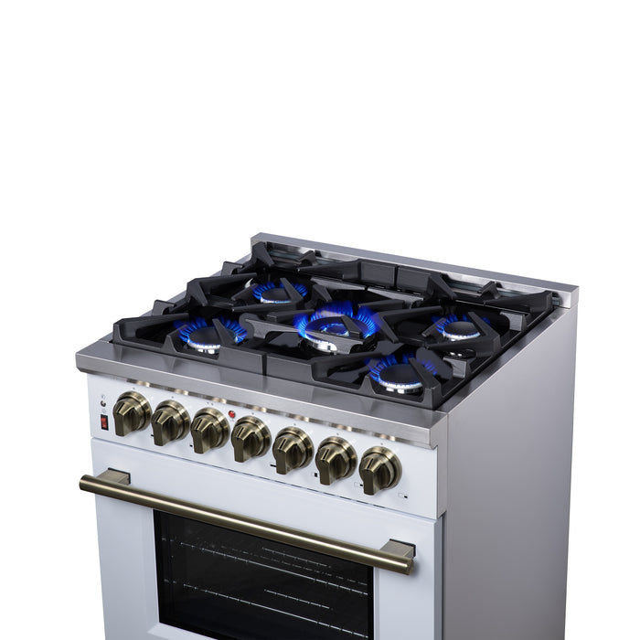Forno Massimo 30 Inch Freestanding Dual Fuel Range in White with Antique Brass Accessories, 4 Burners, 4.32 cu. ft. Convection Oven