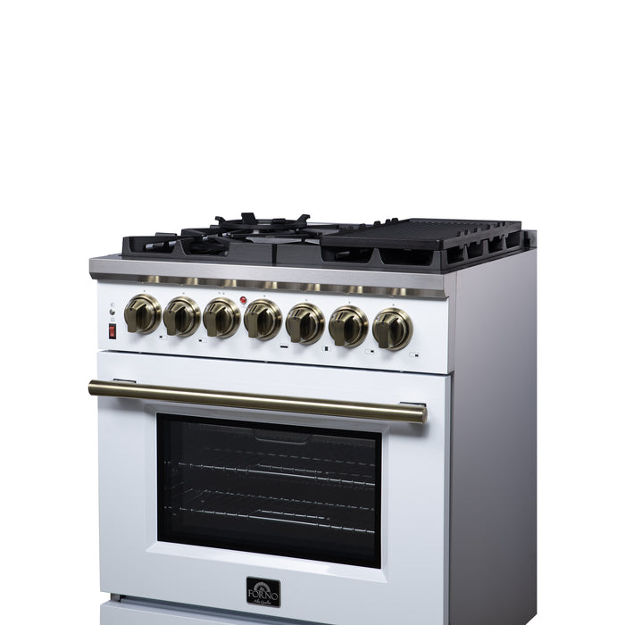 Forno Massimo 30 Inch Freestanding Dual Fuel Range in White with Antique Brass Accessories, 4 Burners, 4.32 cu. ft. Convection Oven
