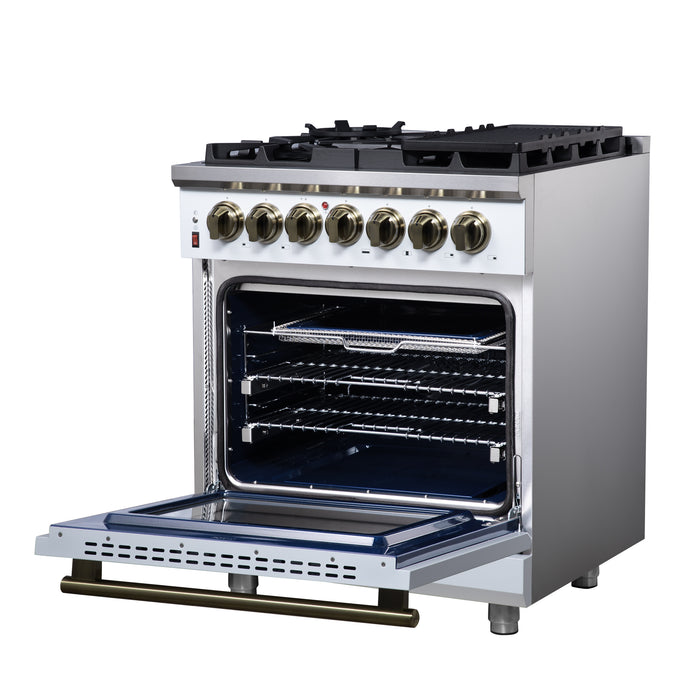 Forno Massimo 30 Inch Freestanding Dual Fuel Range in White with Antique Brass Accessories, 4 Burners, 4.32 cu. ft. Convection Oven