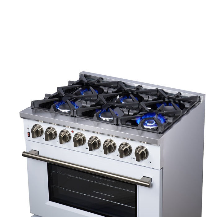 Forno Massimo 36 Inch Freestanding Dual Fuel Range in White with Antique Brass Accessories, 6 Burners, 5.36 cu. ft. Convection Oven