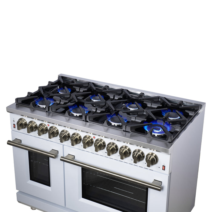 Forno Massimo 48 Inch Freestanding Dual Fuel Range in White with Antique Brass Accessories, 8 Burners, 6.58 cu. ft. Convection Oven