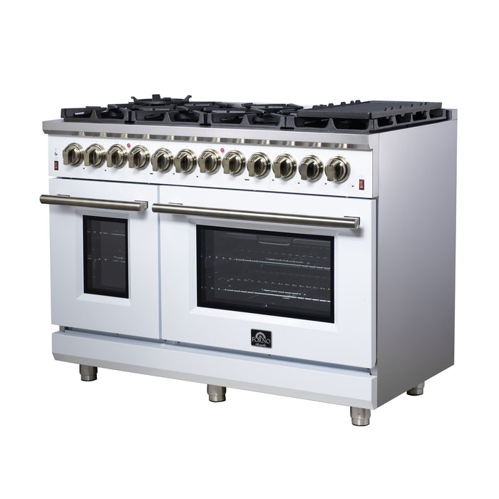 Forno Massimo 48 Inch Freestanding Dual Fuel Range in White with Antique Brass Accessories, 8 Burners, 6.58 cu. ft. Convection Oven