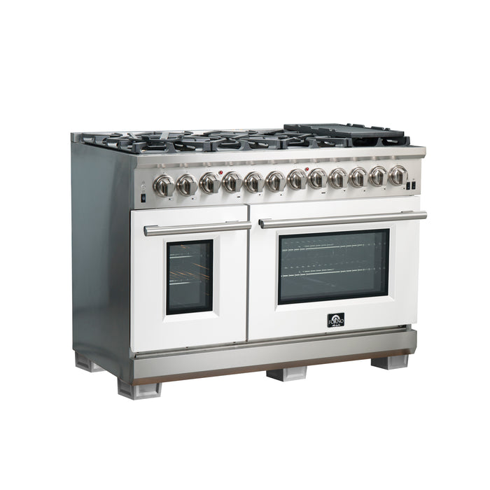 Forno Capriasca 48-Inch Freestanding Dual Fuel Range, 8 Burners, True Convection Oven with White Doors