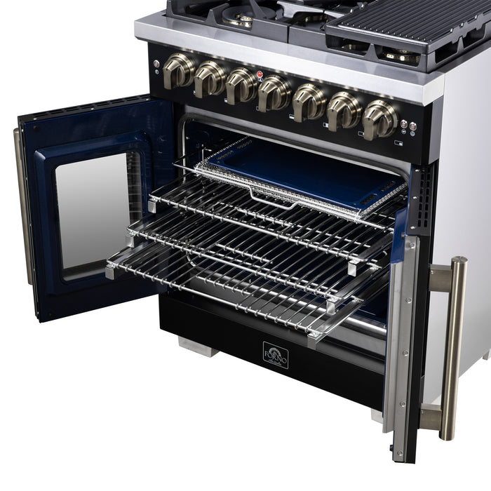 Forno Capriasca 30 Inch Freestanding French Door Dual Fuel Range in Black with Antique Brass Accessories, 5 Burners, True Convection Oven