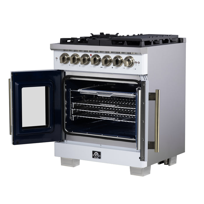 Forno Capriasca 30 Inch Freestanding French Door Dual Fuel Range in White with Antique Brass Accessories, 5 Burners, True Convection Oven