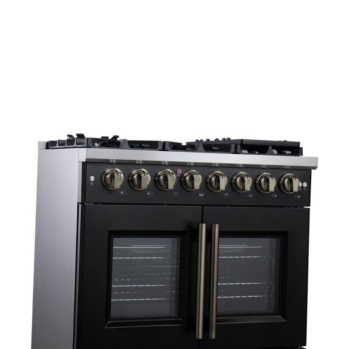 Forno Capriasca 36 Inch Freestanding French Door Dual Fuel Range in Black with Antique Brass Accessories, 6 Burners, True Convection Oven