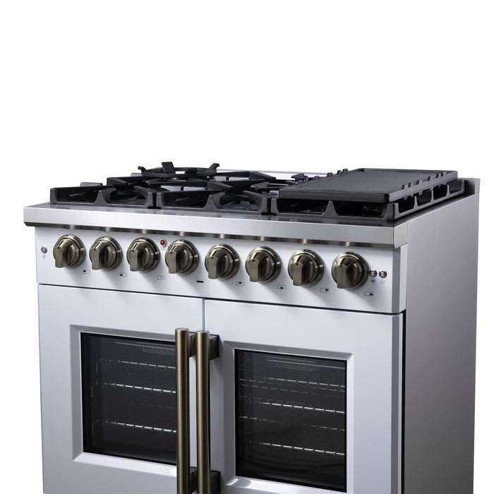 Forno Capriasca 36 Inch Freestanding French Door Dual Fuel Range in White with Antique Brass Accessories, 6 Burners, True Convection Oven