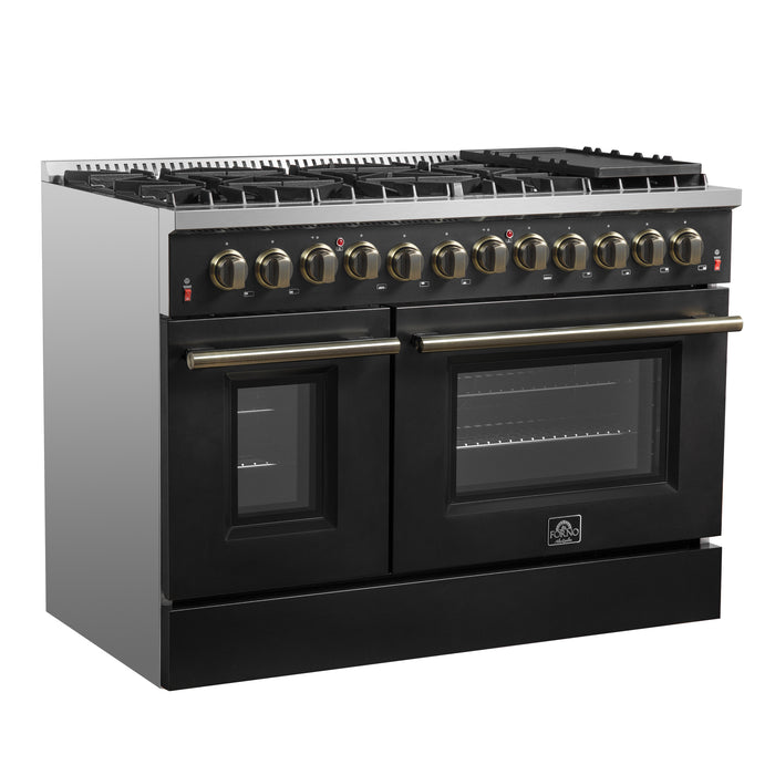 Galiano 48-inch Dual Fuel Range Black & Antique Brass Design with 8 Sealed Burners 107,000 BTU, 6.58 cu. ft. double ovens & Griddle