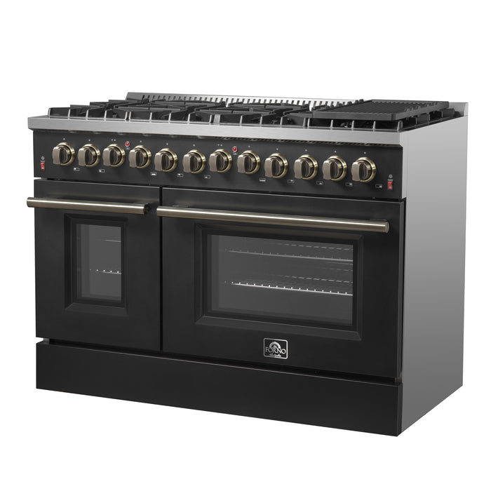 Galiano 48-inch Dual Fuel Range Black & Antique Brass Design with 8 Sealed Burners 107,000 BTU, 6.58 cu. ft. double ovens & Griddle