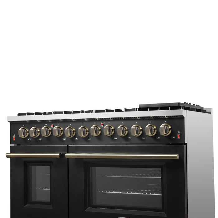 Galiano 48-inch Dual Fuel Range Black & Antique Brass Design with 8 Sealed Burners 107,000 BTU, 6.58 cu. ft. double ovens & Griddle