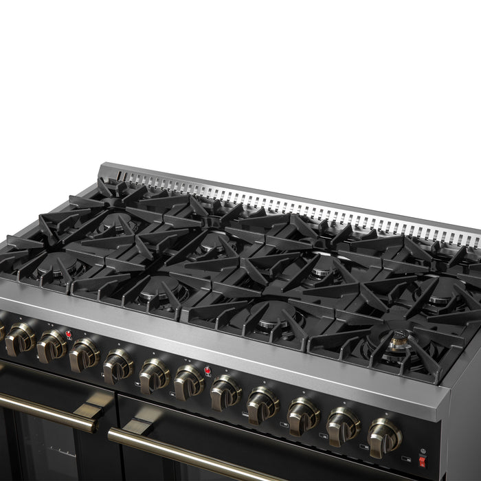 Galiano 48-inch Dual Fuel Range Black & Antique Brass Design with 8 Sealed Burners 107,000 BTU, 6.58 cu. ft. double ovens & Griddle