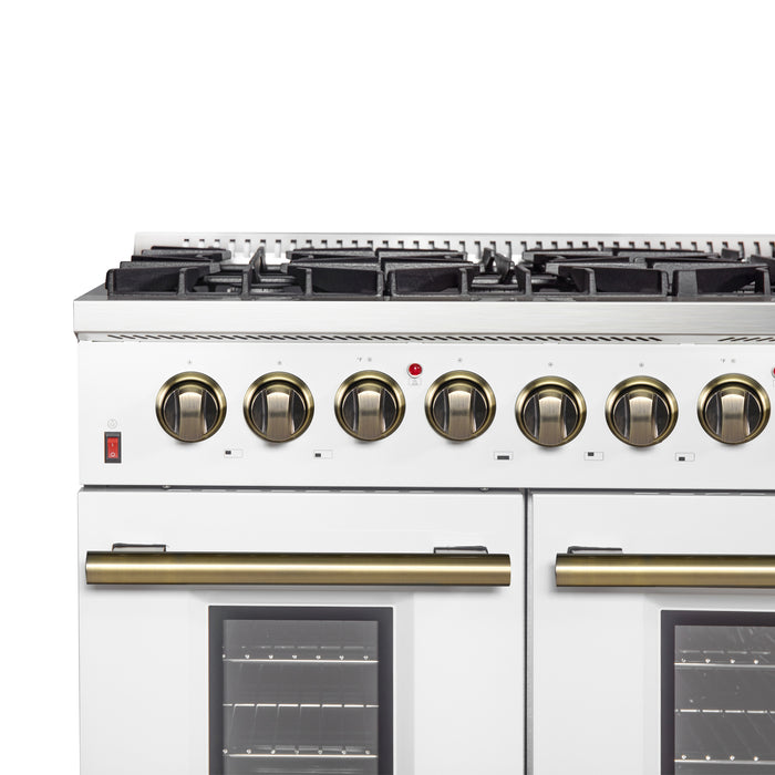 Galiano 48-inch Dual Fuel Range White & Antique Brass Design with 8 Sealed Burners 107,000 BTU, 6.58 cu. ft. double ovens & Griddle