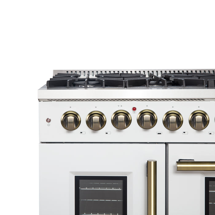 Forno Galiano 48-inch French Door Dual Fuel Range, White & Antique Brass Design, 8 Sealed Burners - 107,000 BTU, Griddle, 6.58 cu.ft. Double Ovens