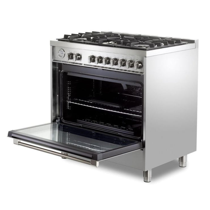Verona Prima 36-Inch Freestanding Stainless Steel Gas Range With 5 Burners, 5.0 Cu. Ft. Convection Oven and Professional Performance