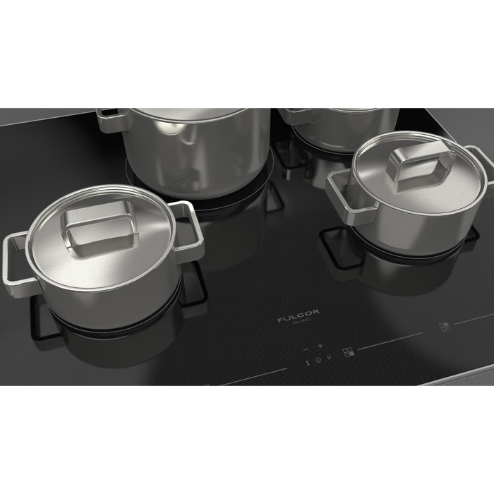 Fulgor Milano 24-Inch Distinto Built-In Premium Electric Cooktop, 700 Series, 4 Cooking Zones, Touch Slide Controls, Brushed Aluminum Trim
