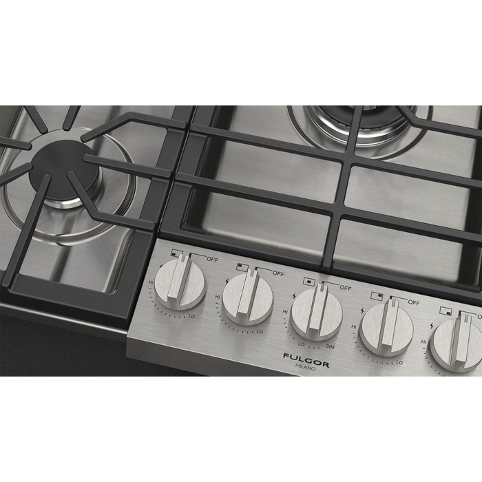 Fulgor Milano 36-Inch Pro Built-In Gas Cooktop, 400 Series, 5 Burners (1 Crescendo Dual Ring + 4 Sealed Burners), Stainless Steel Finish