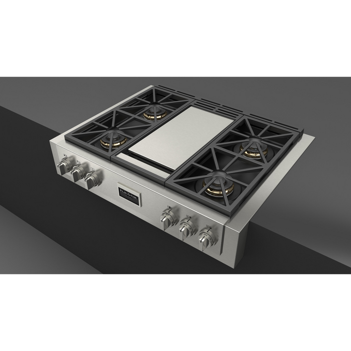 Fulgor Milano 36-Inch Pro Built-In Gas Rangetop, 600 Series, 4 Crescendo Dual Ring Brass Burners, Trilaminate Gas Griddle