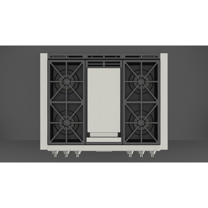 Fulgor Milano 36-Inch Pro Built-In Gas Rangetop, 600 Series, 4 Crescendo Dual Ring Brass Burners, Trilaminate Gas Griddle
