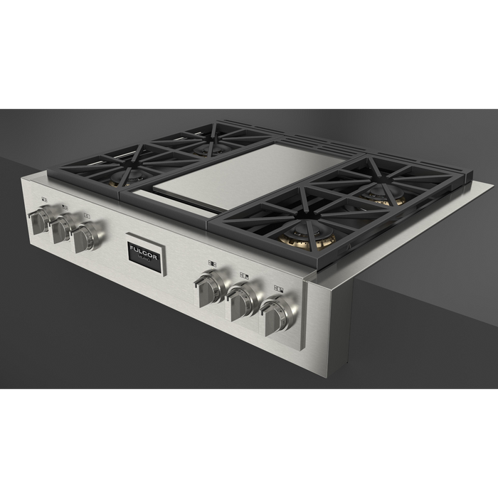 Fulgor Milano 36-Inch Pro Built-In Gas Rangetop, 600 Series, 4 Crescendo Dual Ring Brass Burners, Trilaminate Gas Griddle