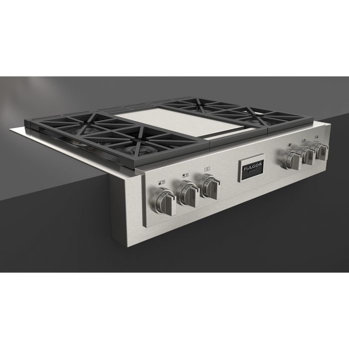 Fulgor Milano 36-Inch Pro Built-In Gas Rangetop, 600 Series, 4 Crescendo Dual Ring Brass Burners, Trilaminate Gas Griddle