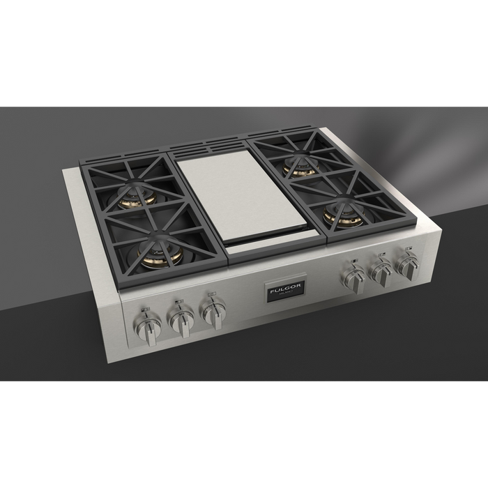 Fulgor Milano 36-Inch Pro Built-In Gas Rangetop, 600 Series, 4 Crescendo Dual Ring Brass Burners, Trilaminate Gas Griddle