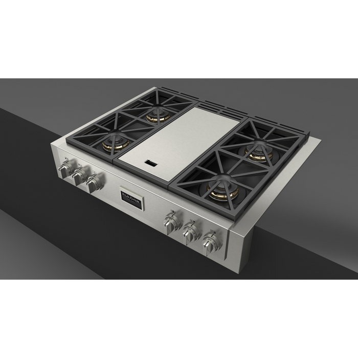 Fulgor Milano 36-Inch Pro Built-In Gas Rangetop, 600 Series, 4 Crescendo Dual Ring Brass Burners, Trilaminate Gas Griddle
