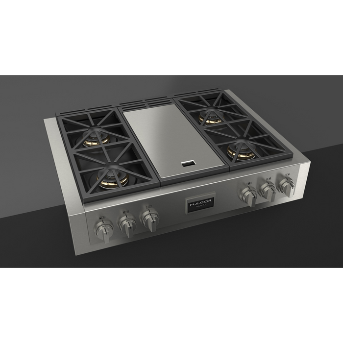 Fulgor Milano 36-Inch Pro Built-In Gas Rangetop, 600 Series, 4 Crescendo Dual Ring Brass Burners, Trilaminate Gas Griddle
