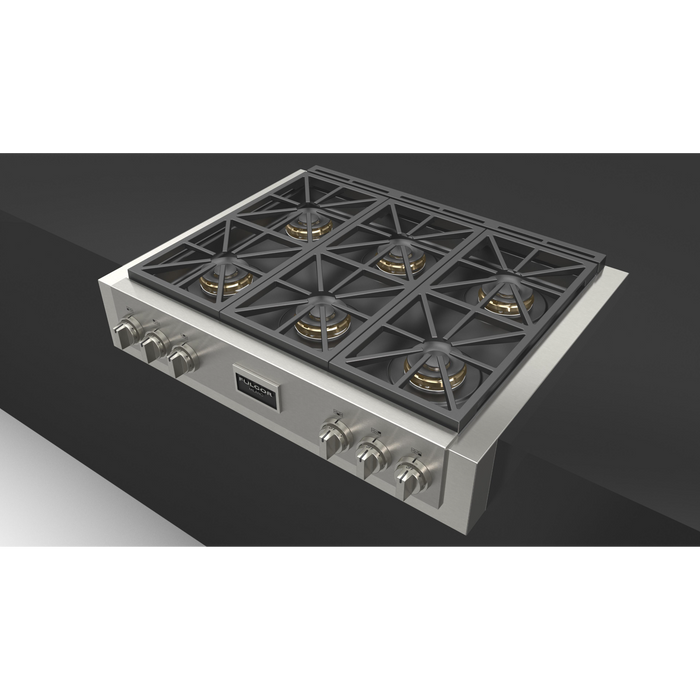 Fulgor Milano 36-Inch Pro Built-In Gas Rangetop, 600 Series, 6 Crescendo Dual Ring Brass Burners