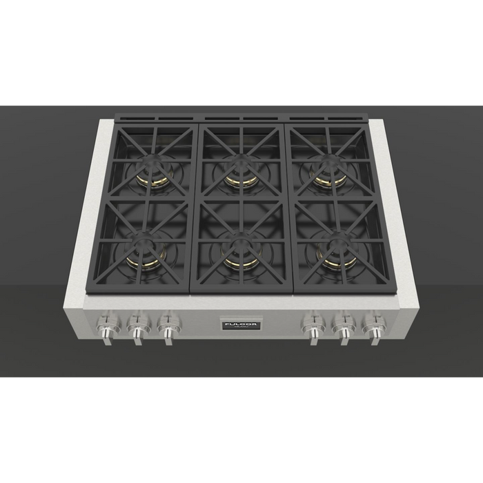 Fulgor Milano 36-Inch Pro Built-In Gas Rangetop, 600 Series, 6 Crescendo Dual Ring Brass Burners