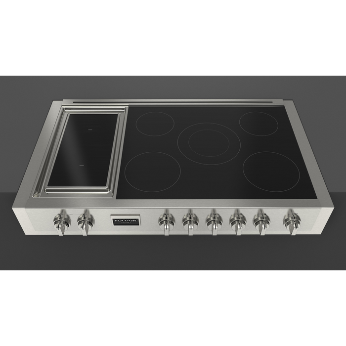 Fulgor Milano 48-Inch Pro Built-In Induction Rangetop, 600 Series, Quantum Induction, 5 Cooking Zones + 2-Zone Quantum Induction Trilaminate Griddle