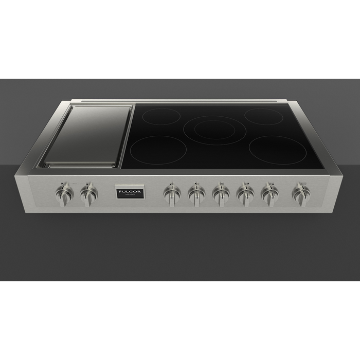 Fulgor Milano 48-Inch Pro Built-In Induction Rangetop, 600 Series, Quantum Induction, 5 Cooking Zones + 2-Zone Quantum Induction Trilaminate Griddle