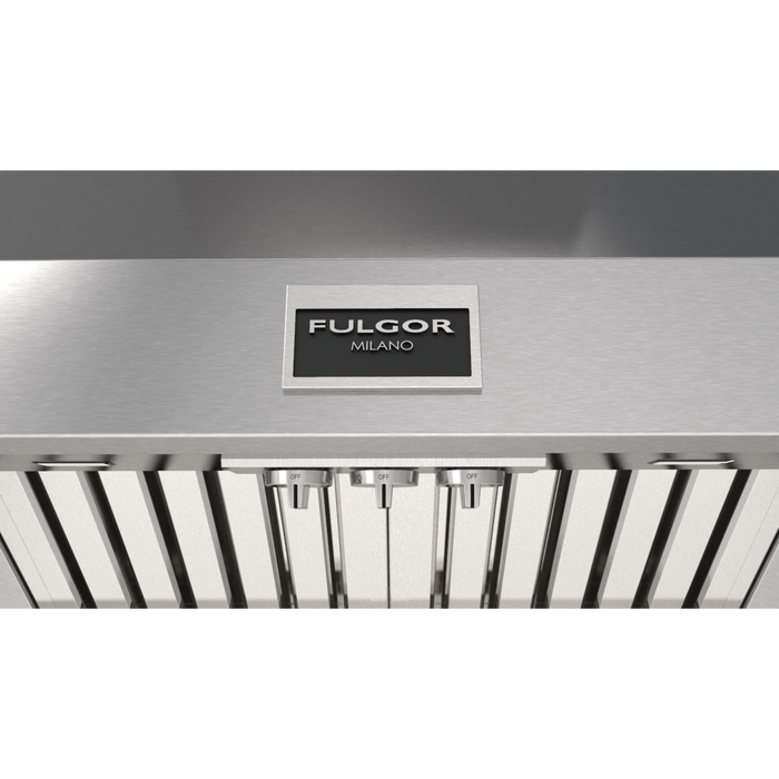 Fulgor Milano 36-Inch Pro Chimney Wall Hood, 600 Series, 1000 CFM, Pyramid Style, Baffle Filters, Knob Control