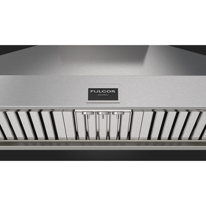 Fulgor Milano 48-Inch Pro Chimney Wall Hood, 600 Series, 1000 CFM, Pyramid Style, Baffle Filters, Knob Control