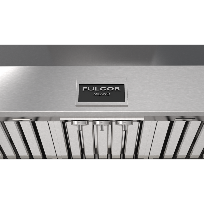 Fulgor Milano 48-Inch Pro Chimney Wall Hood, 600 Series, 1000 CFM, Pyramid Style, Baffle Filters, Knob Control