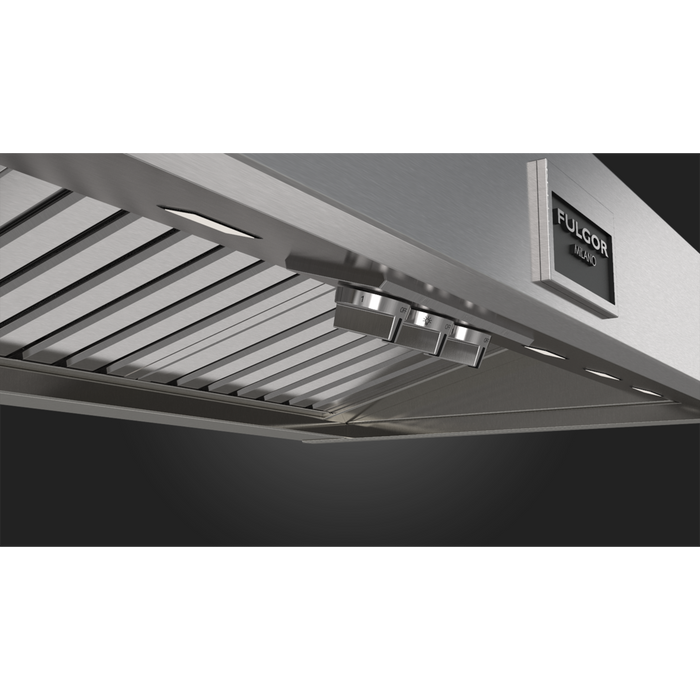 Fulgor Milano 48-Inch Pro Chimney Wall Hood, 600 Series, 1000 CFM, Pyramid Style, Baffle Filters, Knob Control
