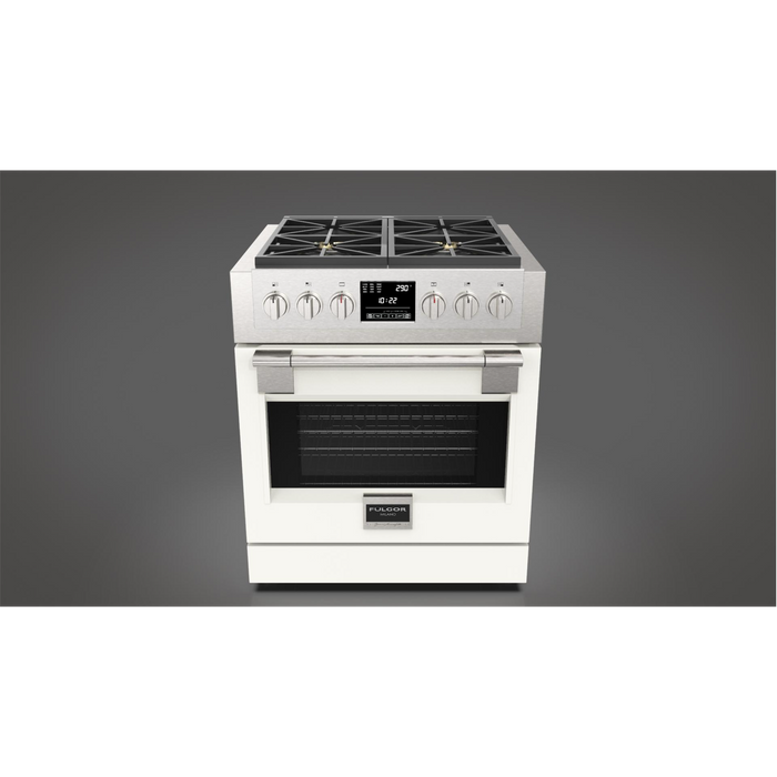 Fulgor Milano Sofia Pro 30-Inch Freestanding Dual Fuel Range, 600 Series, 4 Crescendo Dual Ring Brass Burners, Self-Clean, Soft-Close Door