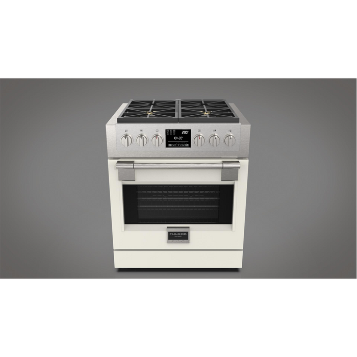 Fulgor Milano Sofia Pro 30-Inch Freestanding Dual Fuel Range, 600 Series, 4 Crescendo Dual Ring Brass Burners, Self-Clean, Soft-Close Door