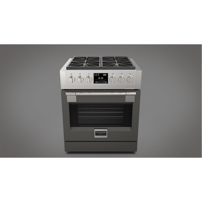 Fulgor Milano Sofia Pro 30-Inch Freestanding Dual Fuel Range, 600 Series, 4 Crescendo Dual Ring Brass Burners, Self-Clean, Soft-Close Door