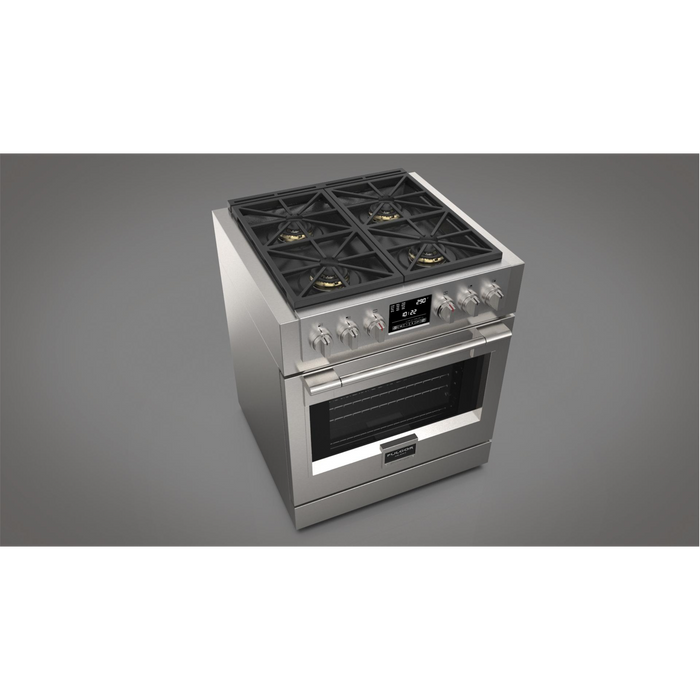 Fulgor Milano Sofia Pro 30-Inch Freestanding Dual Fuel Range, 600 Series, 4 Crescendo Dual Ring Brass Burners, Self-Clean, Soft-Close Door