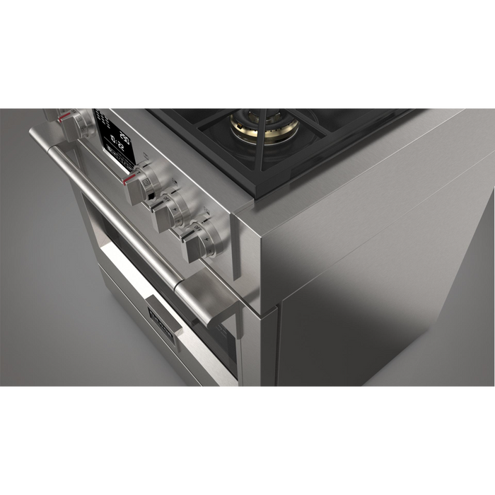 Fulgor Milano Sofia Pro 30-Inch Freestanding Dual Fuel Range, 600 Series, 4 Crescendo Dual Ring Brass Burners, Self-Clean, Soft-Close Door