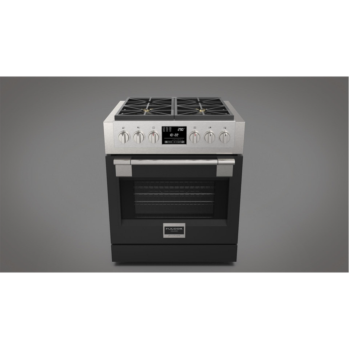 Fulgor Milano Sofia Pro 30-Inch Freestanding Dual Fuel Range, 600 Series, 4 Crescendo Dual Ring Brass Burners, Self-Clean, Soft-Close Door