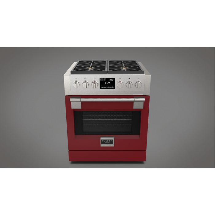 Fulgor Milano Sofia Pro 30-Inch Freestanding Dual Fuel Range, 600 Series, 4 Crescendo Dual Ring Brass Burners, Self-Clean, Soft-Close Door