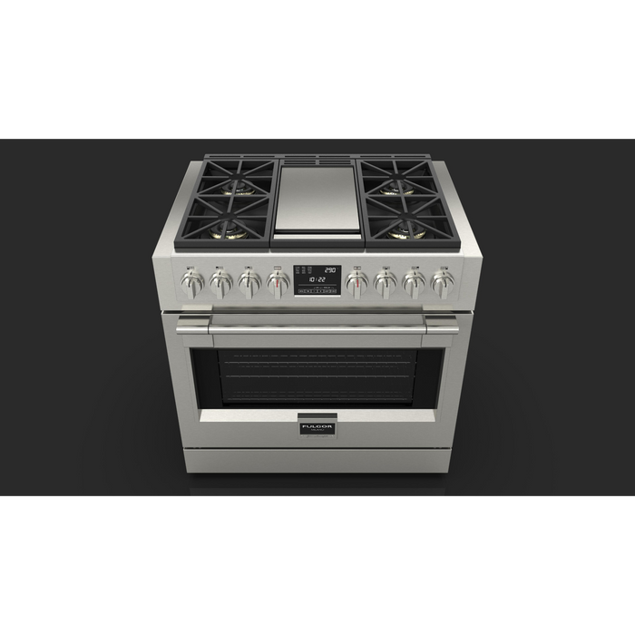 Fulgor Milano Sofia Pro 36-Inch Freestanding Dual Fuel Range, 600 Series, 4 Crescendo Dual Ring Brass Burners, Gas-Powered Trilaminate Griddle, Self-Clean, Soft-Close Door