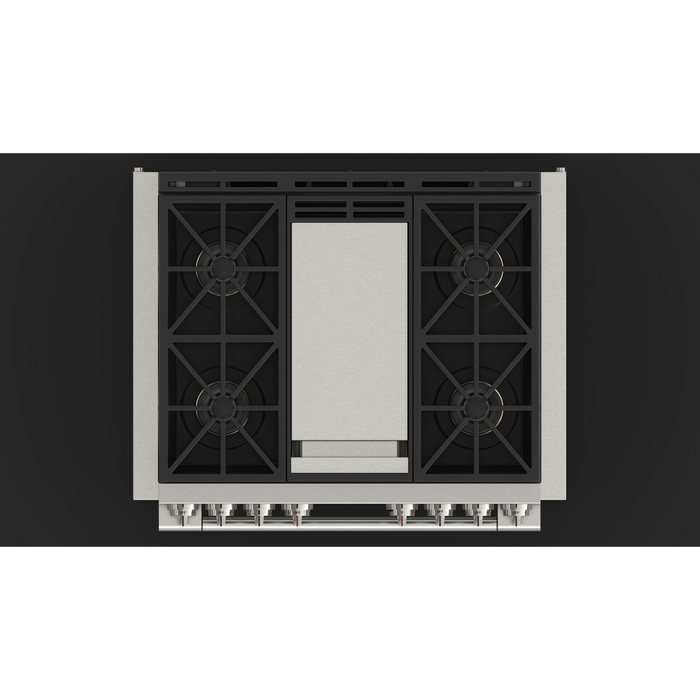 Fulgor Milano Sofia Pro 36-Inch Freestanding Dual Fuel Range, 600 Series, 4 Crescendo Dual Ring Brass Burners, Gas-Powered Trilaminate Griddle, Self-Clean, Soft-Close Door