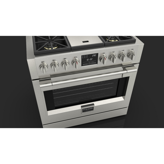 Fulgor Milano Sofia Pro 36-Inch Freestanding Dual Fuel Range, 600 Series, 4 Crescendo Dual Ring Brass Burners, Gas-Powered Trilaminate Griddle, Self-Clean, Soft-Close Door