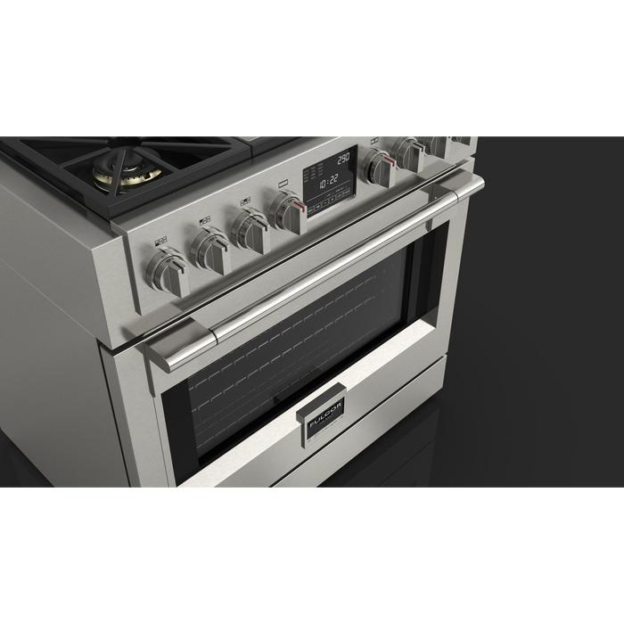 Fulgor Milano Sofia Pro 36-Inch Freestanding Dual Fuel Range, 600 Series, 4 Crescendo Dual Ring Brass Burners, Gas-Powered Trilaminate Griddle, Self-Clean, Soft-Close Door